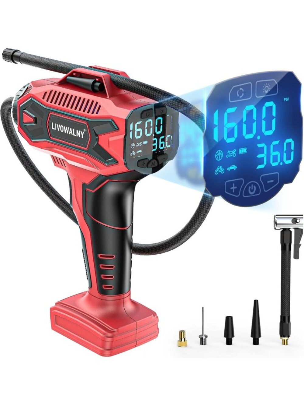 Portable Cordless Tire Inflator Air Pump, 160PSI Digital Gauge for Cars & Bikes